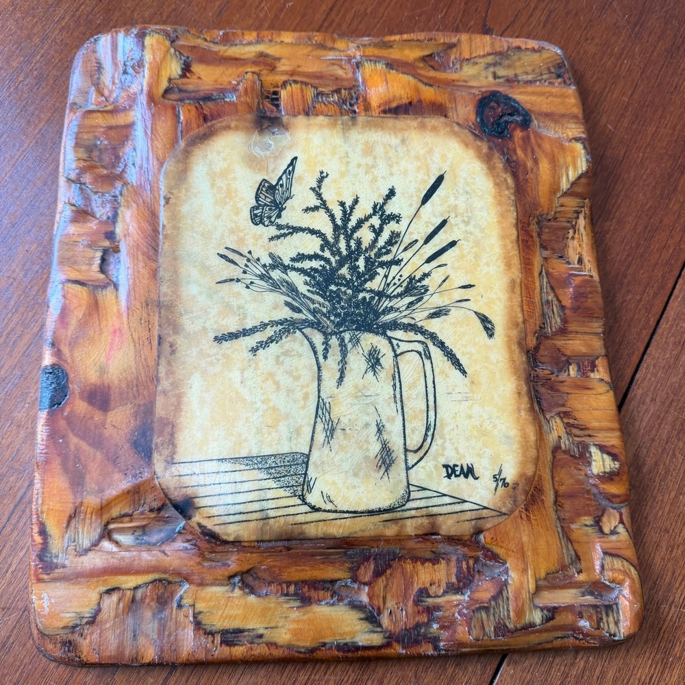 Vintage 70's Wood Plaque Butterfly Wildflower Art 1976 Rustic Cottagecore Signed